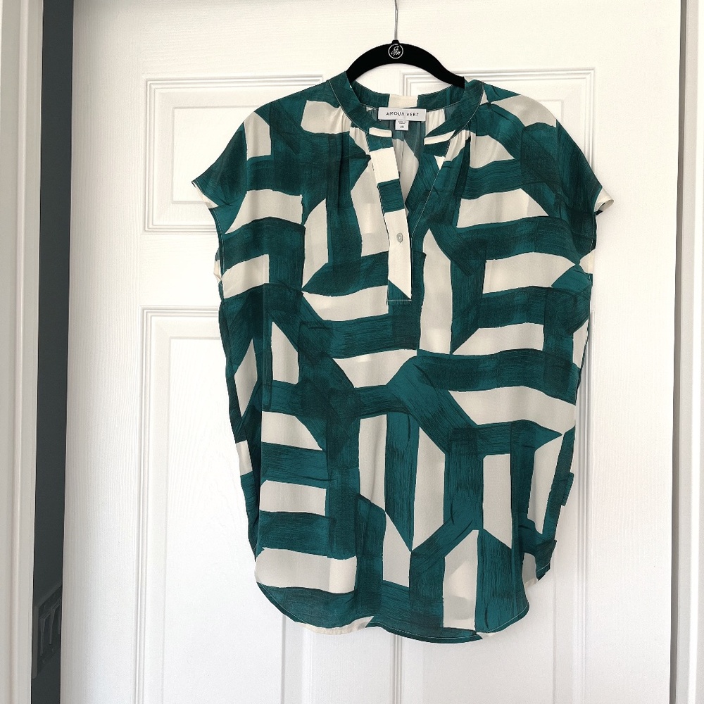 Amour Vert Renata washable silk blouse - Eva emerald green print, size xs